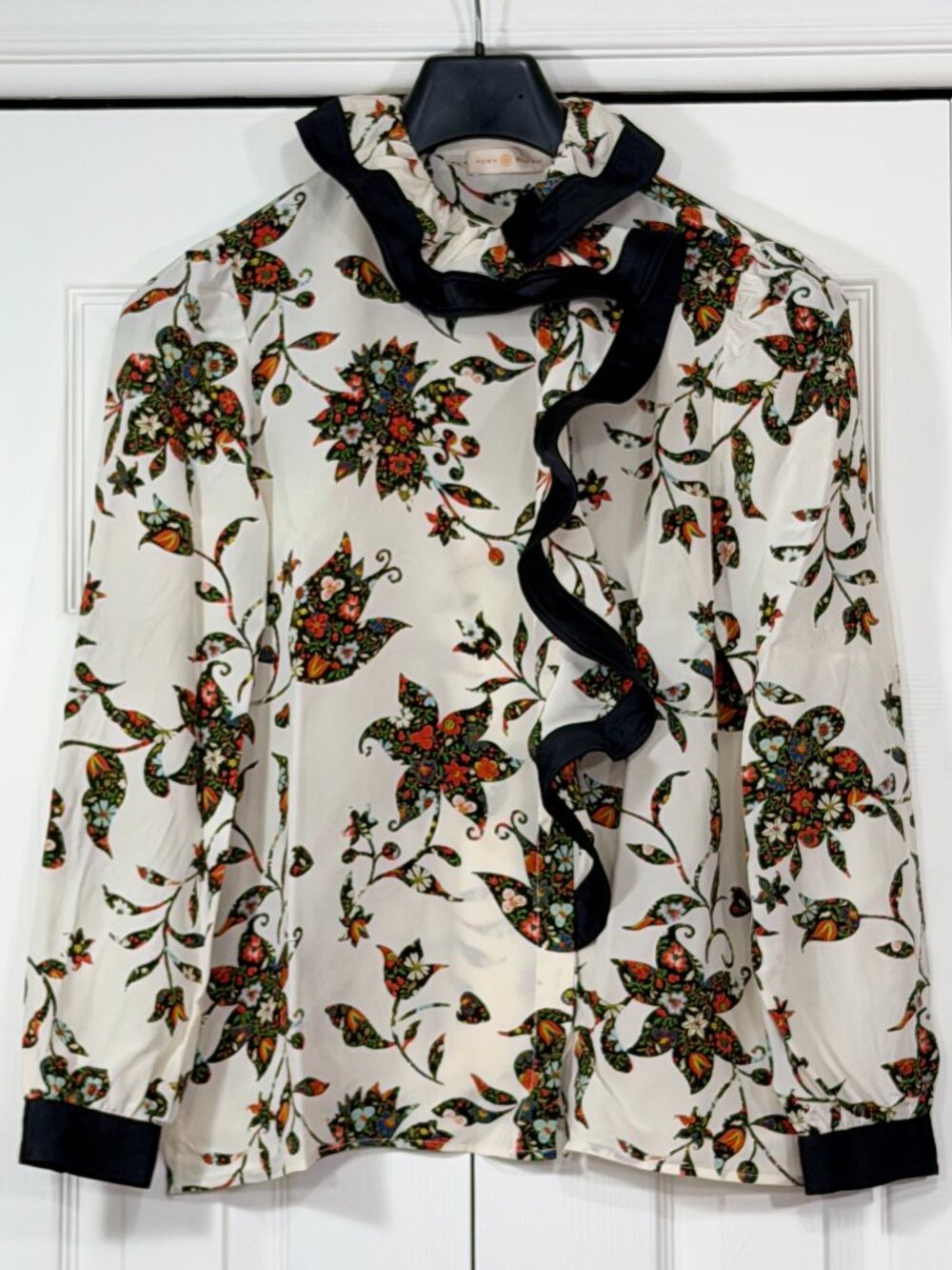 Tory Burch Floral Ivory & Black Silk Ruffle Blouse
